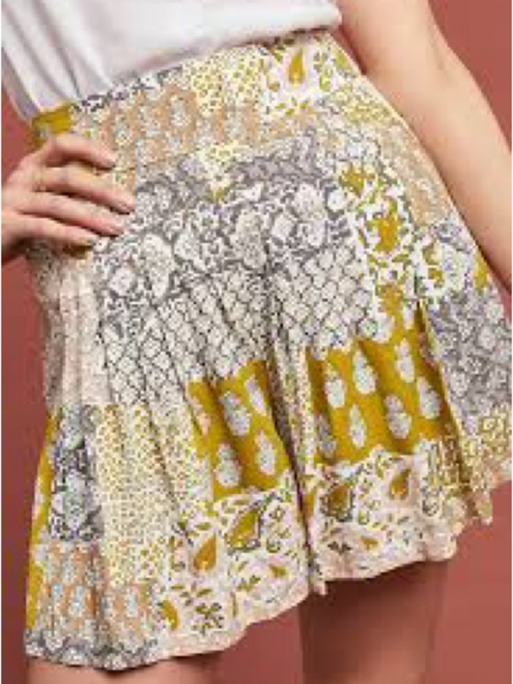 Patchwork Print Mini Shorts in Mustard and‎ Cream